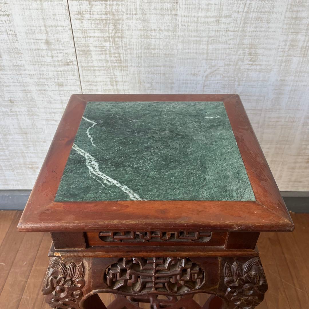 アンティーク】唐木 花台 透かし彫り 飾り台 高卓 大理石天板 古道具