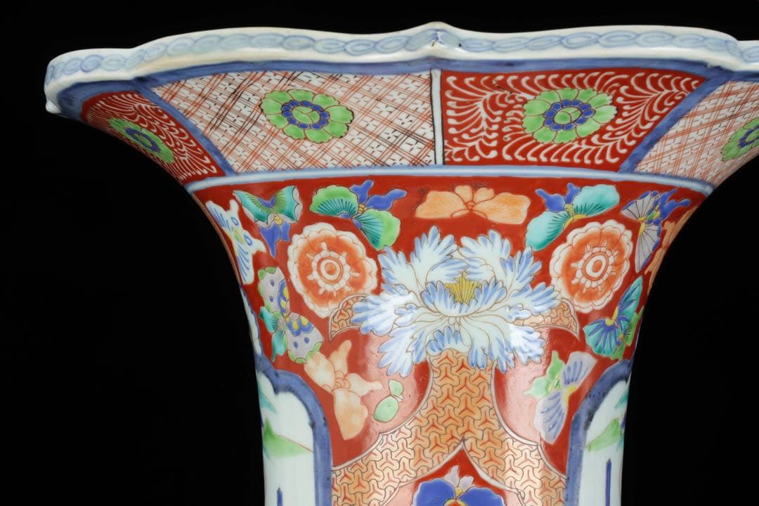 古伊万里【蔵春亭西畝】色絵金彩武士紋広口花瓶 飾壺 高