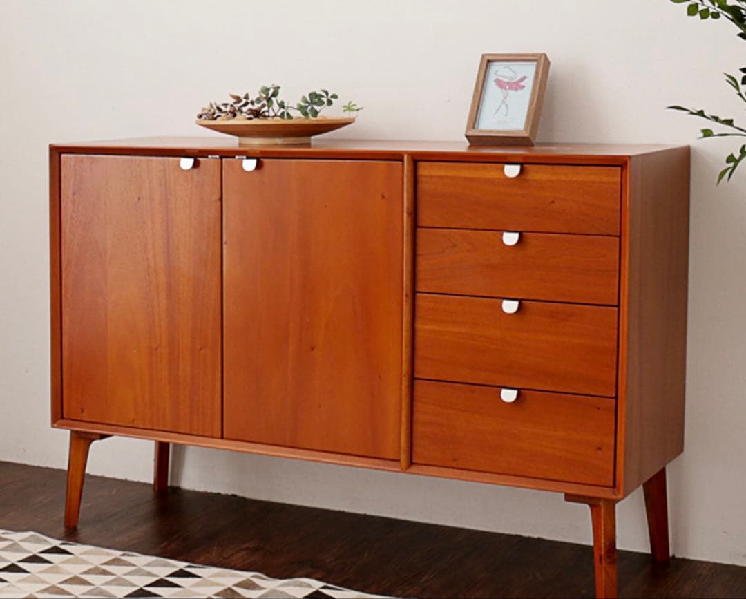 北欧風リビングキャビネット 引き出し 扉付き 脚付き 幅110マホガニー