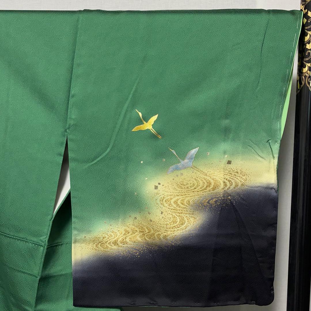 D202 訪問着 鶴 流水 金彩 正絹 着物 袷 しつけ糸付き未使用極美品