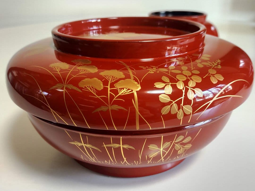 輪島塗　朱塗 大平椀　磨蒔絵 秋草の図　4客