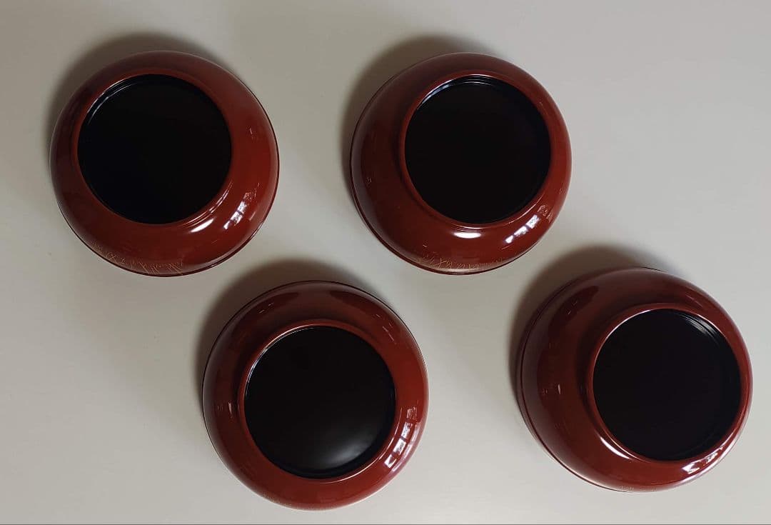 輪島塗　朱塗 大平椀　磨蒔絵 秋草の図　4客