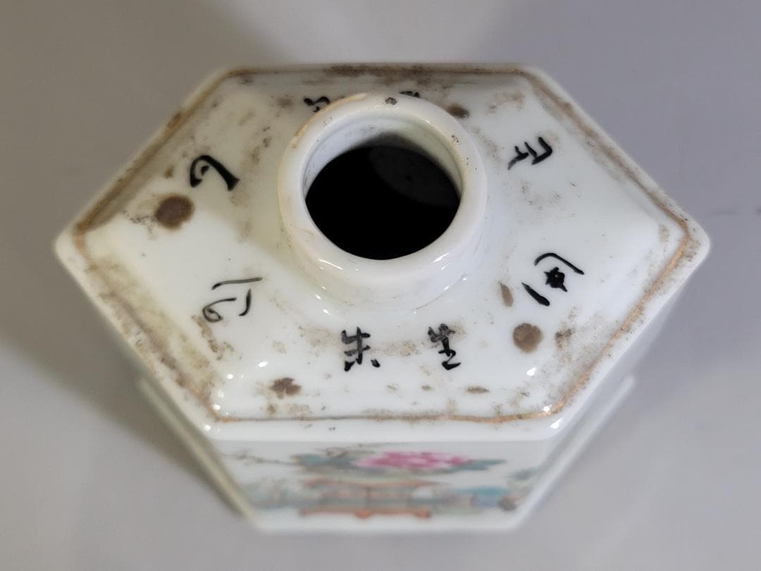 中国 色絵 花盆絵 六方 茶壷 DT448