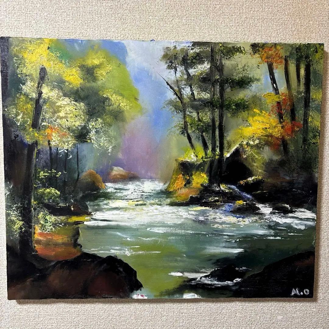 自作油彩画　油絵　風景画　湖　森 自作油彩画 油絵 風景画 湖 森 油絵 絵画 【森の湖】 絵画 HR 通販