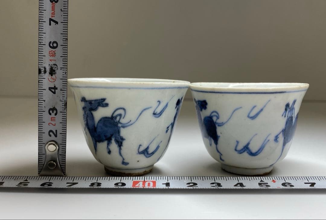 中国清時代　唐物青花キリン図煎茶碗2客　口径約6㎝　東Y7-0331☆2Fタトチ