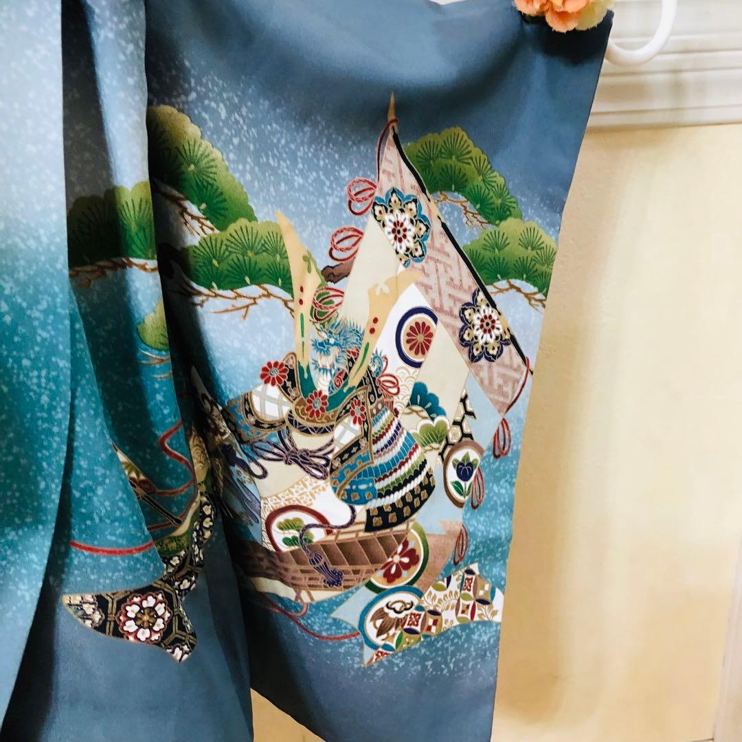 七五三5歳完全フルセット‼️豪華青系兜鷹金彩煌びやか⭐︎袴金蘭刺繍豪華逸品