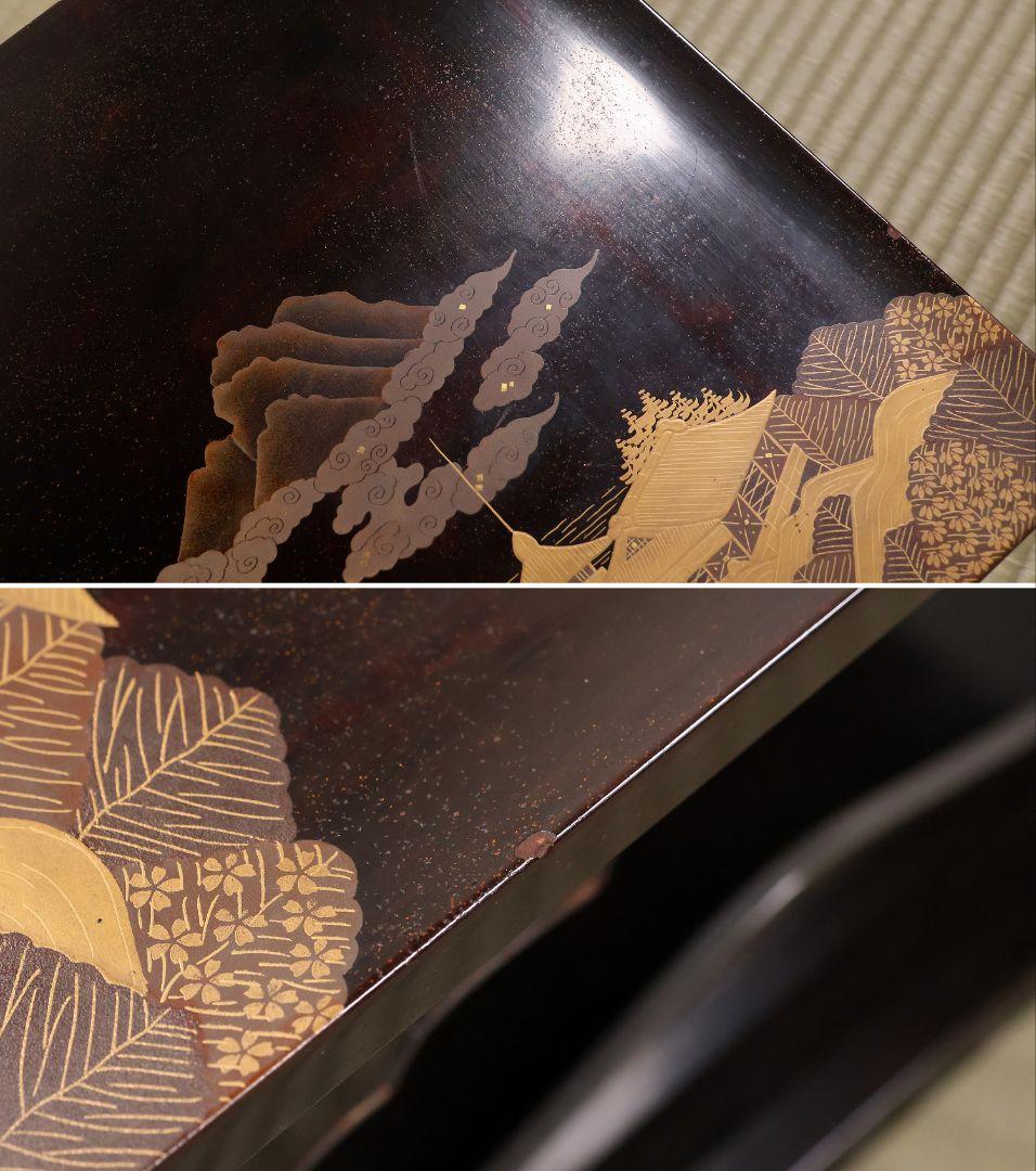 時代 楼閣山水蒔絵 総梨地 冠卓 二段卓 木製 覆輪 金蒔絵 花台【MA662】