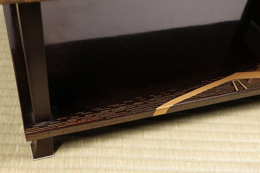 時代 楼閣山水蒔絵 総梨地 冠卓 二段卓 木製 覆輪 金蒔絵 花台【MA662】