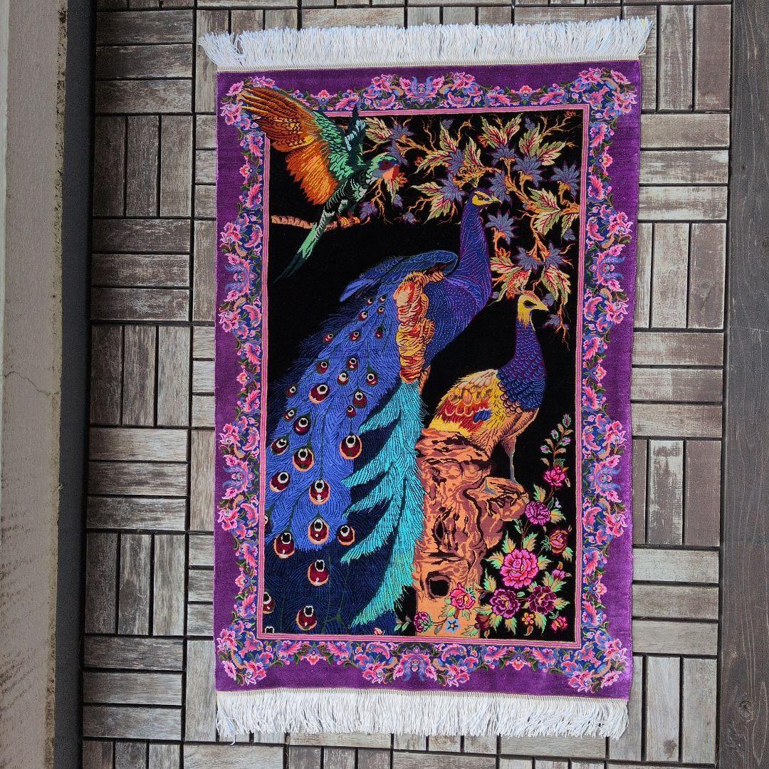 60x90cmペルシャ・クム産(320)玄関・タペストリー・絹・シルク