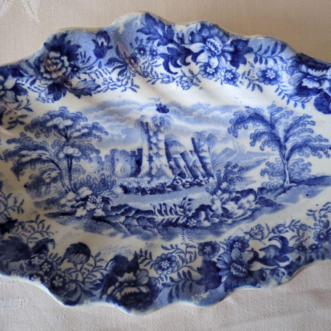 イギリスアンティーク アスパラガスプレート ブルー＆ホワイト