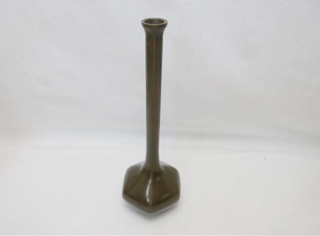 未使用 華道具 三代 上川宗伯作 唐銅亀甲鶴首花瓶一輪挿 重さ約 0.8kg共箱