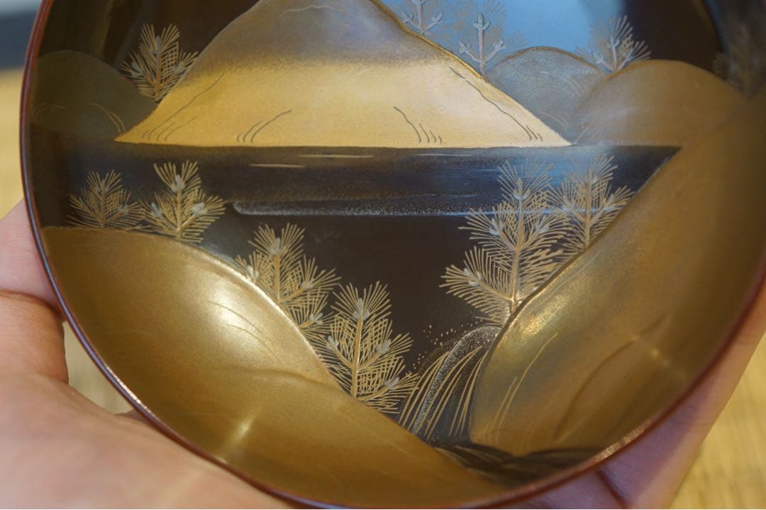 松に鶴・山水図蒔絵 溜塗 吸物椀 2客/ 高級 木製漆器 祝儀 茶懐石