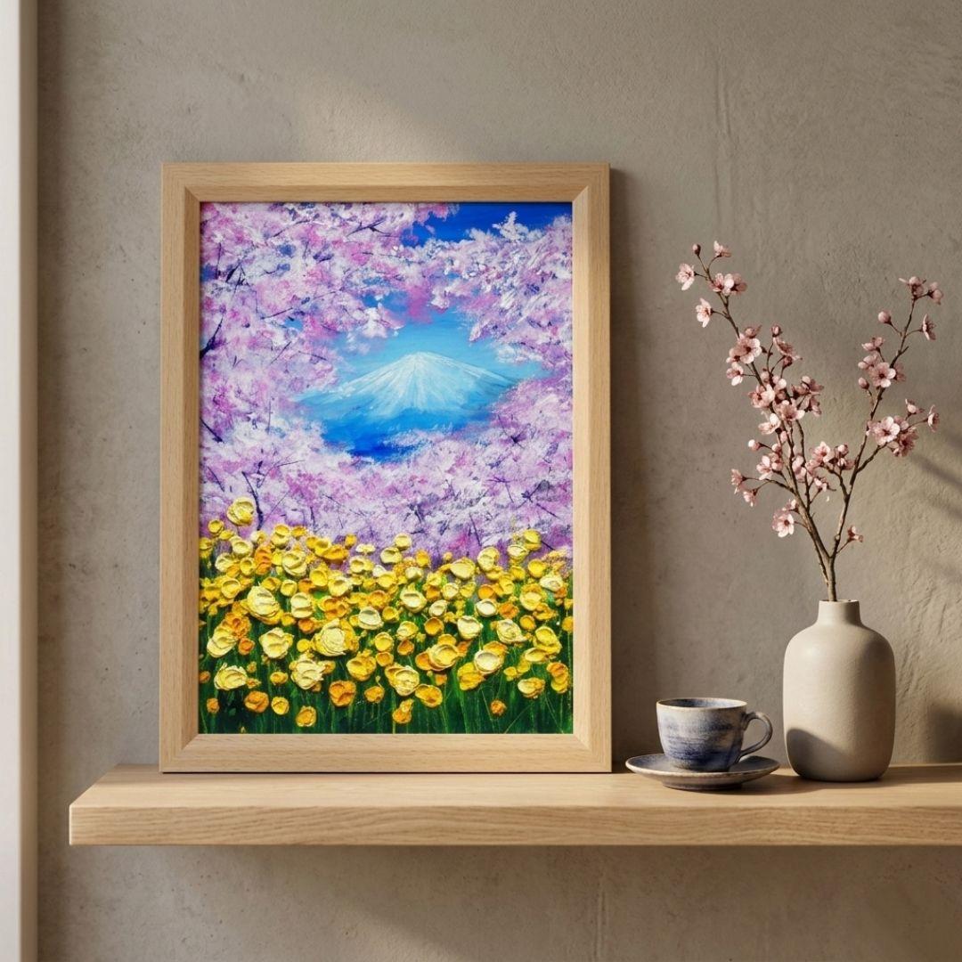 油絵 油彩 油彩画 絵 絵画 【桜と富士山と菜の花】
