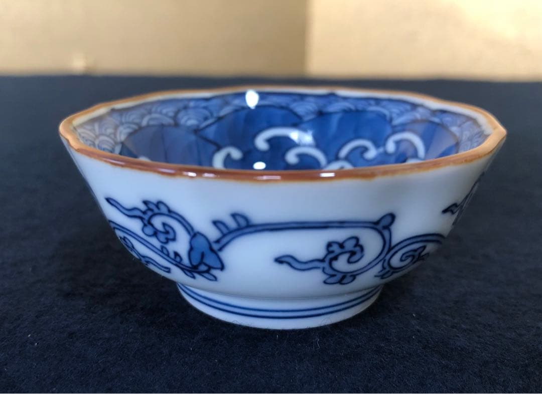 《レ》源右衛門作 染付四海波 輪花 猪口5客 酒器 共箱　251127お1