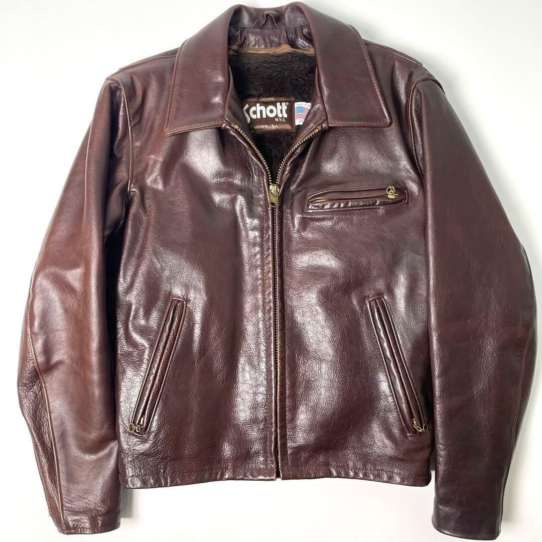 米国製】Schott レザー ライダースジャケット 赤茶 36 ボアライナー付