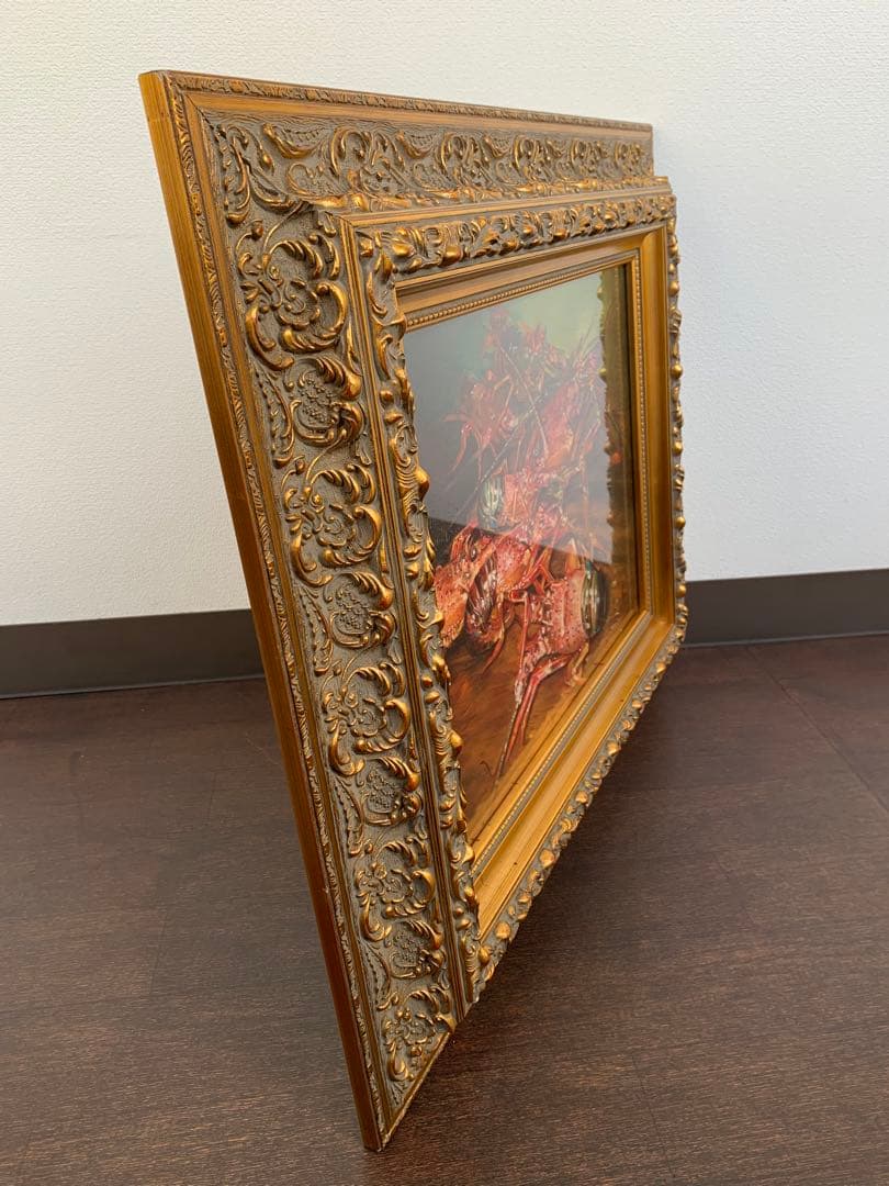 【真作】城本敏由樹 大型 豪華額装『伊勢海老』油彩 8号 額寸75×65㎝ 絵画