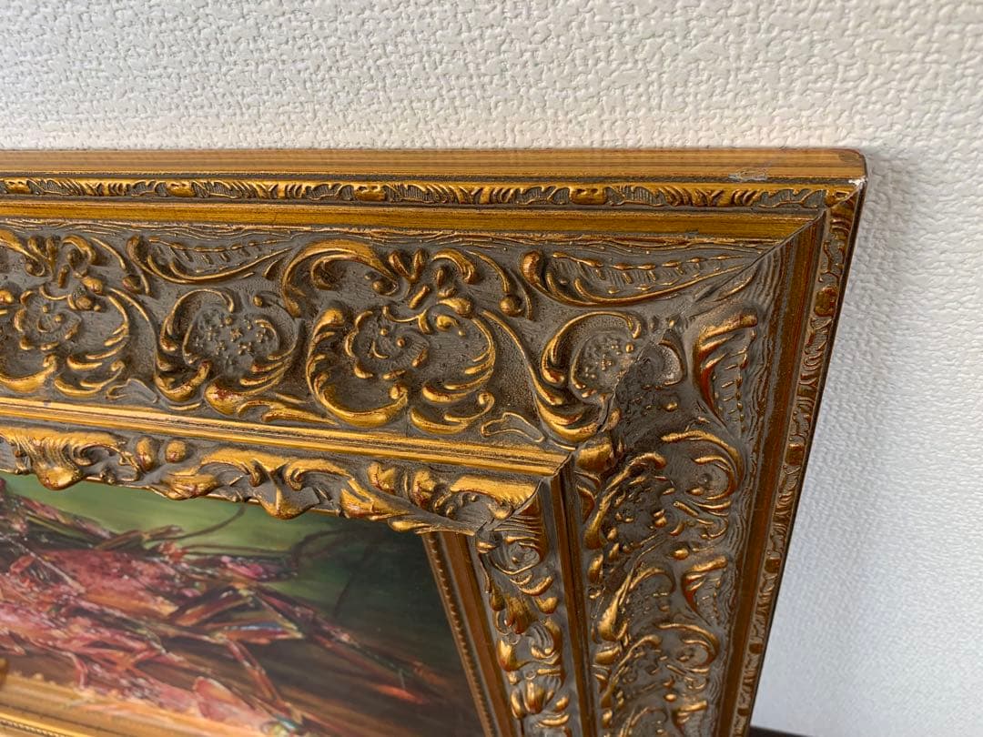 【真作】城本敏由樹 大型 豪華額装『伊勢海老』油彩 8号 額寸75×65㎝ 絵画