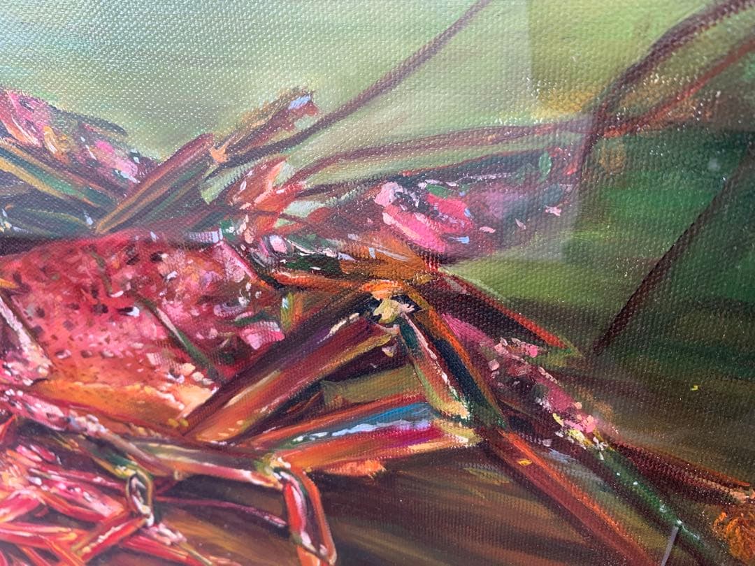 【真作】城本敏由樹 大型 豪華額装『伊勢海老』油彩 8号 額寸75×65㎝ 絵画