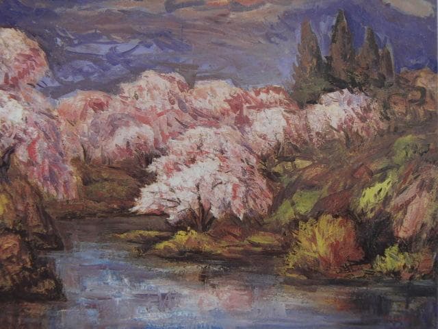 坂本唯市、【春来たる（福岡堰）】、希少な額装用画集より、美品、新品額装付