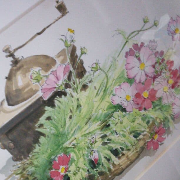 作家物【コスモス水彩画】瑞々しい摘みたてのコスモス♪作家物、額装付き