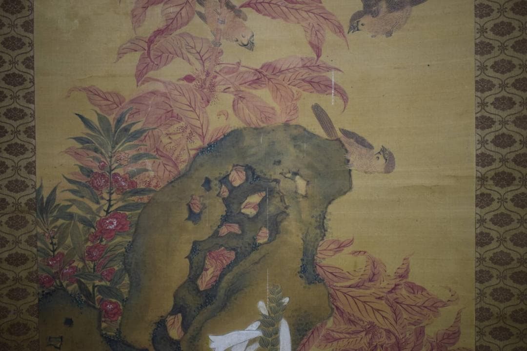 模写/田能村直入/小虎/鶏頭に群雀図/ケイトウ/布袋屋掛軸HE-621