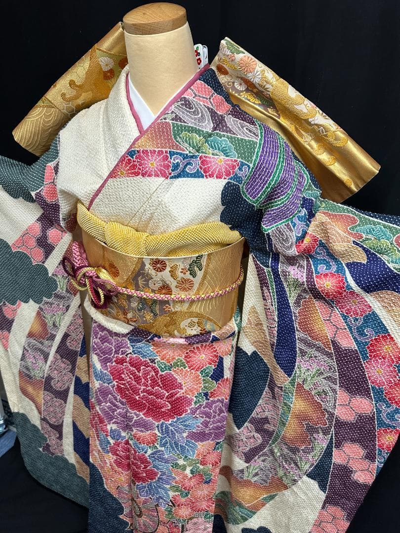 藤娘きぬたや 総絞り 白地 波鶴橘 小紋バック振袖 フルセット