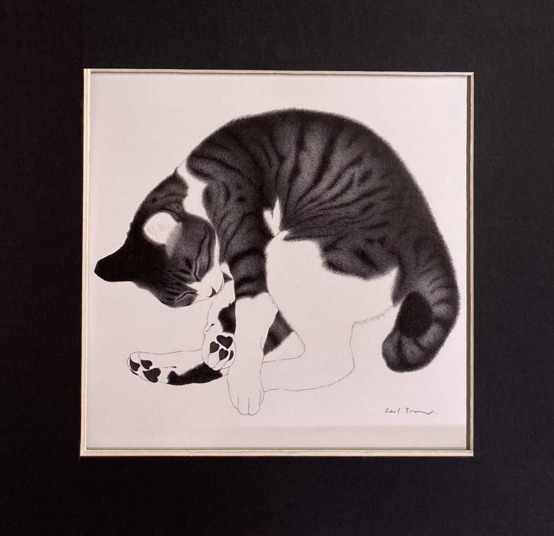 吉成信男、【ねこ】、希少な額装用画集より、新品額装付、状態良好