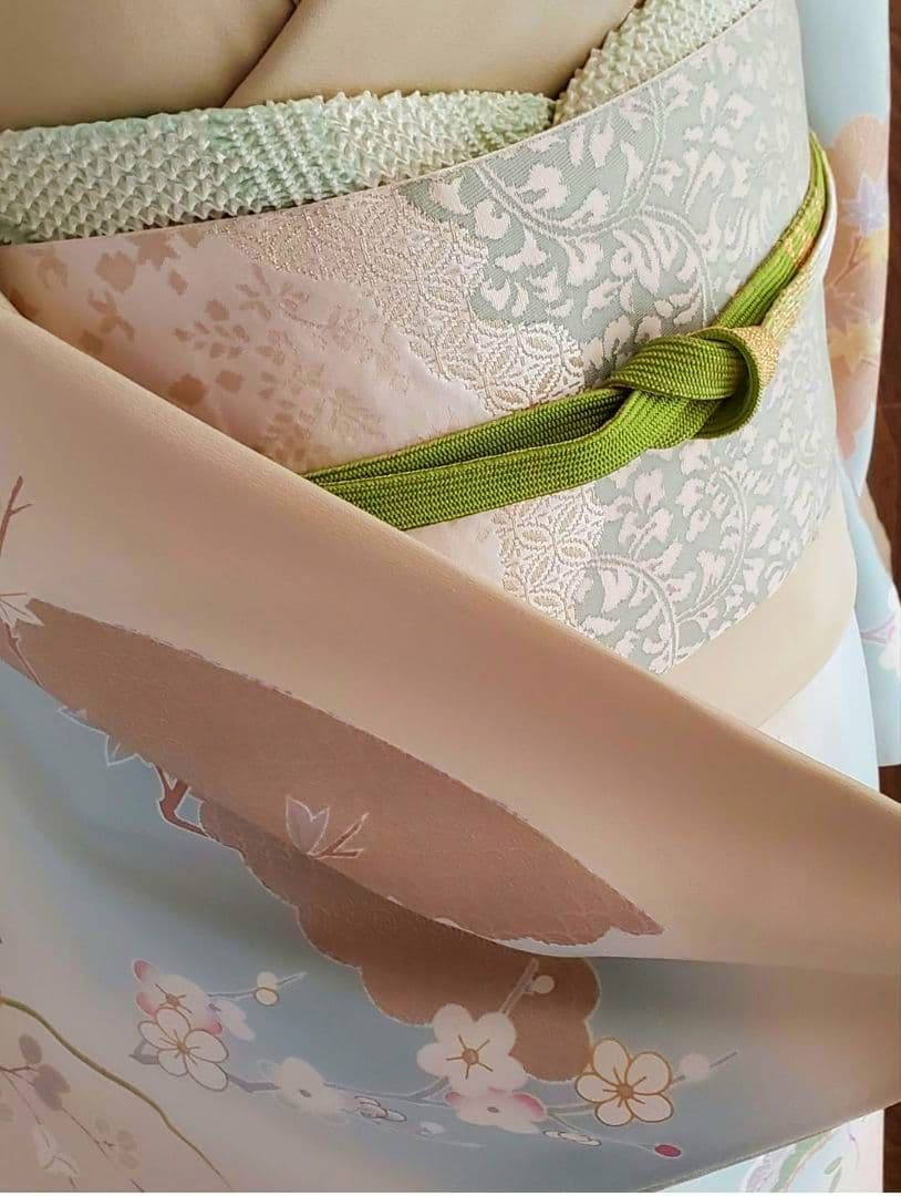 逸品SALE☆【着物帯セット＊】鶸色の古典柄訪問着 トールサイズ 裄