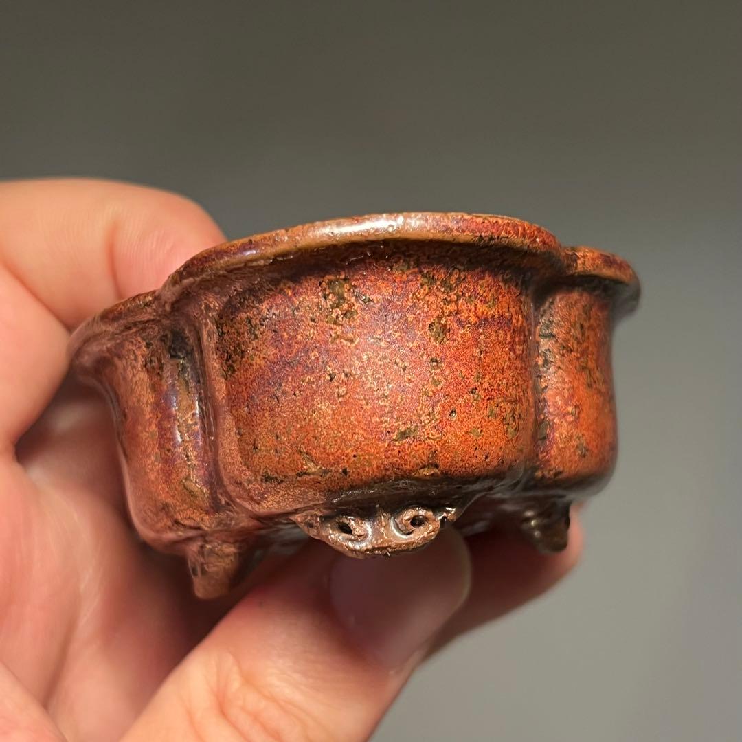 801.夢陶 赤鉄釉雲足木瓜 盆栽鉢 植木鉢 7.8*6.3*3cm