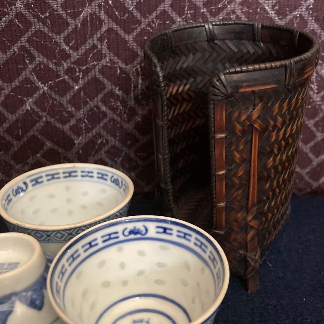 煎茶道具　蝙蝠蛍煎茶碗　竹筒