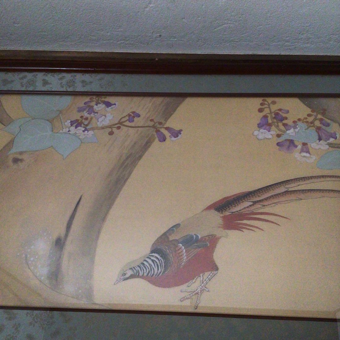 No3136 扁額装　猪原大華　金鷄図　彩色花鳥画　絹本　日本画　絵画　送料無料