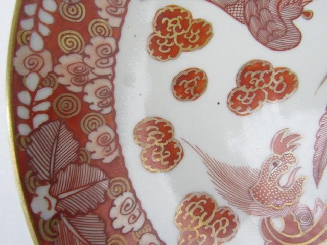 ◇明治期 九谷焼 朝日製 金彩赤絵 細密画 鳳凰文 中皿 5客 Y5-1029◇