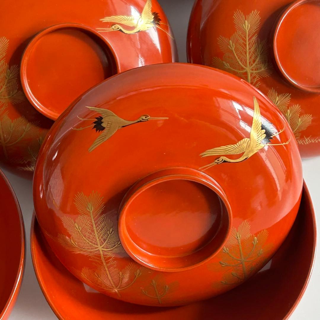 漆器 輪島塗天然木製 金蒔絵松と鶴の模様縁起柄煮物椀吸い物椀蓋付5客