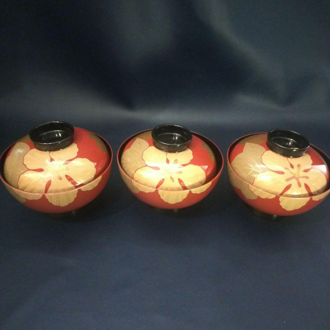 能登輪島塗 朱漆内黒 芙蓉花蒔絵のお椀 5客