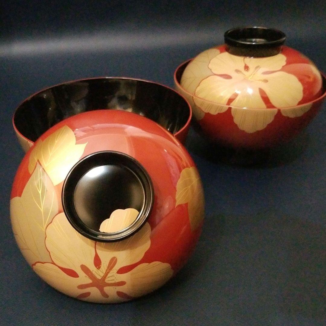 能登輪島塗 朱漆内黒 芙蓉花蒔絵のお椀 5客