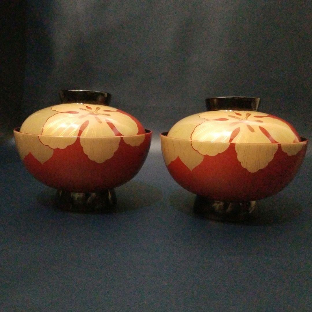 能登輪島塗 朱漆内黒 芙蓉花蒔絵のお椀 5客