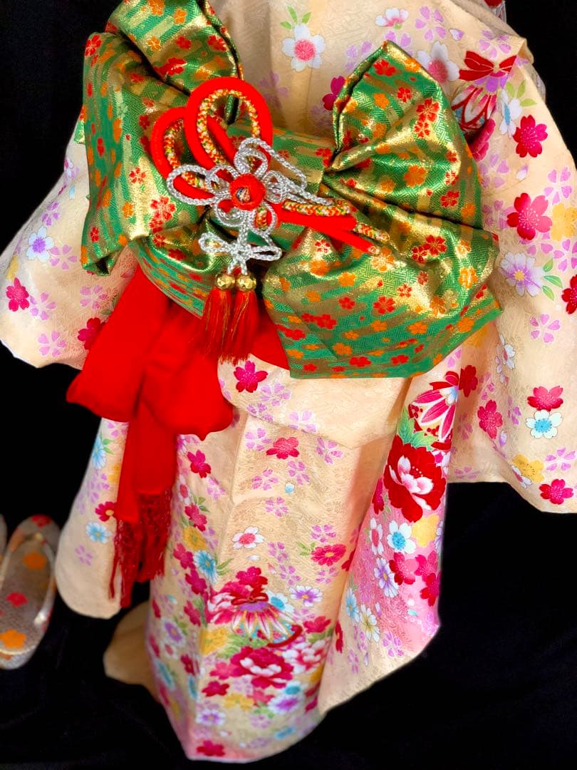 【正絹】 七五三　7歳　絵羽　桜　刺繍　着物　四つ身　作り帯　セット　女の子