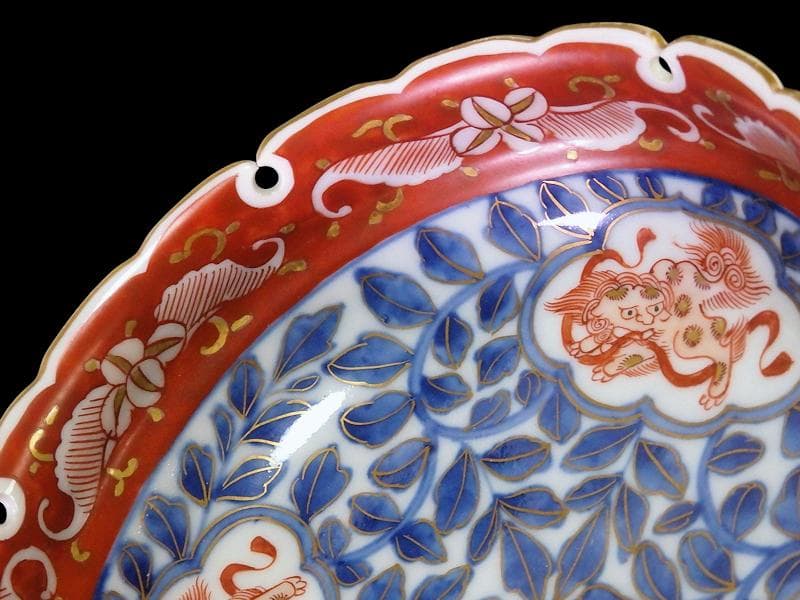 大聖寺伊万里 染錦 獅子に葉唐草の図 雪輪膾皿 165AS-CTj