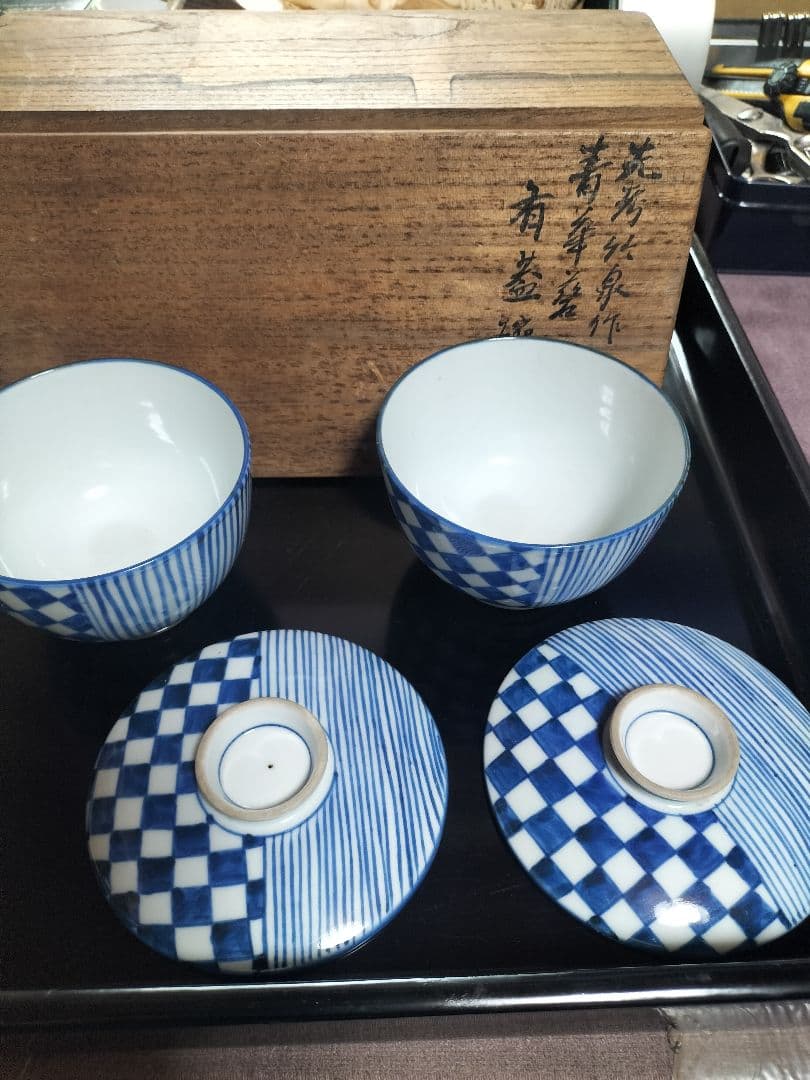 煎茶道具 古染付『鳥花図』煎茶碗五客セット/ 煎茶道具☆時代物☆4D0302