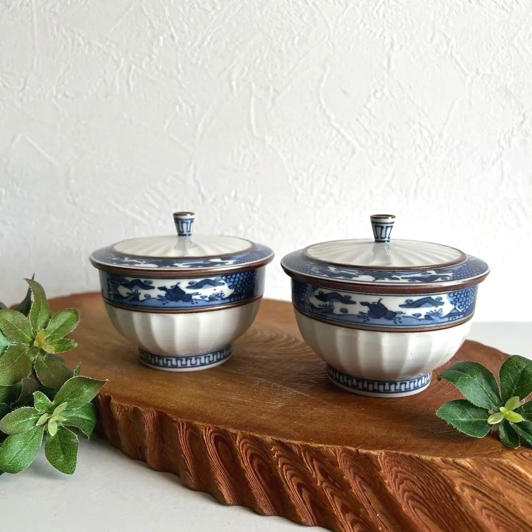 k055 京焼 清水焼 平安壹楽 帯山水 蓋付お茶呑茶碗 2個セット 壹楽窯