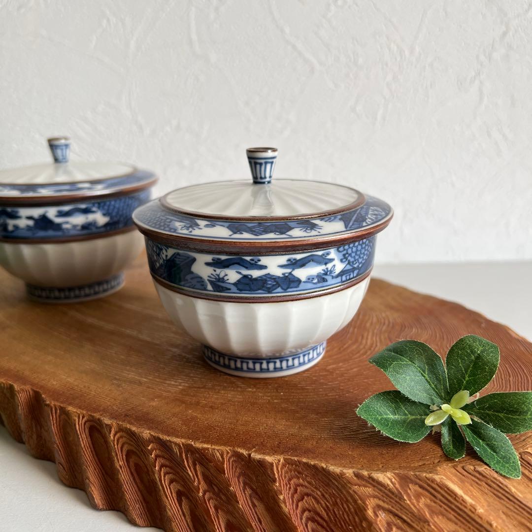 k055 京焼 清水焼 平安壹楽 帯山水 蓋付お茶呑茶碗 2個セット 壹楽窯