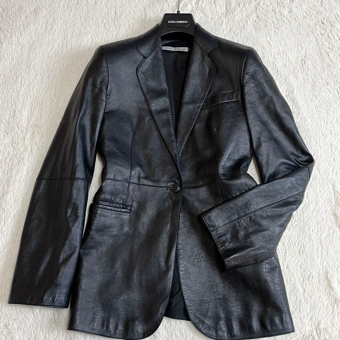 美品 EMPORIO ARMANI ラムレザー 黒 テーラード レザージャケット
