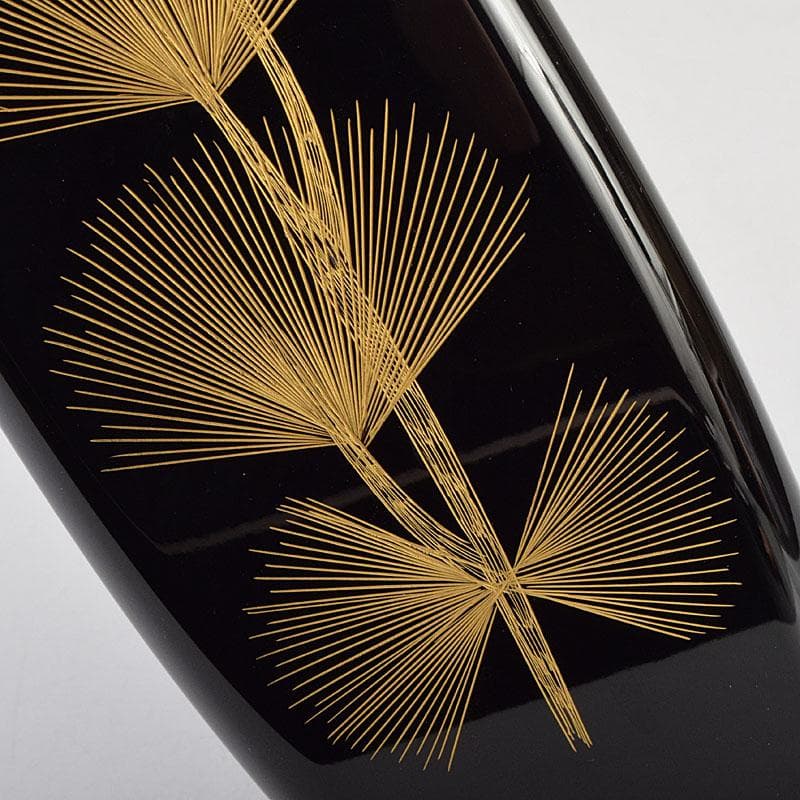 輪島塗　沈金師　角野岩次作　沈金　寿松文　花器　花入　共箱　V　R9403