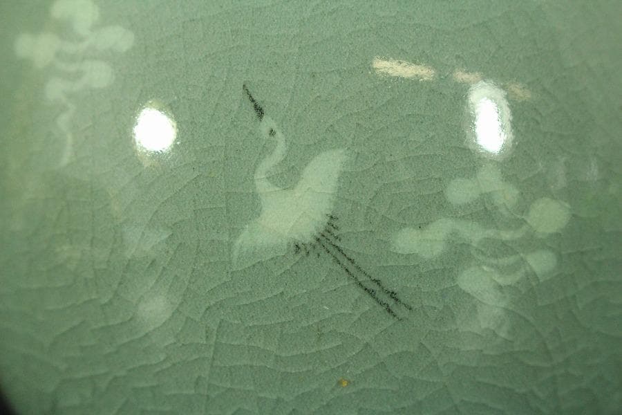 朝鮮美術 青磁 雲鶴紋 梅瓶 高22.5cm 東南陶窯 古堂趙斗彦(