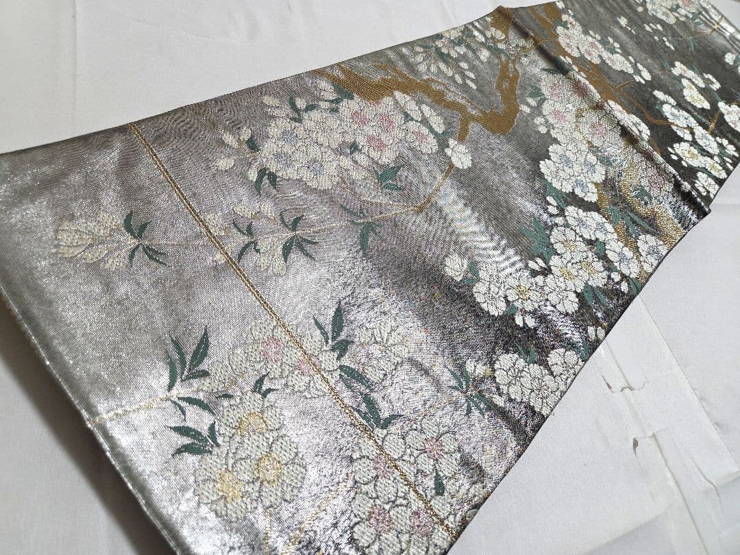 B◇着物くつろぎ 桜の花模様 金銀糸 六通 正絹 フォーマルな袋帯 23
