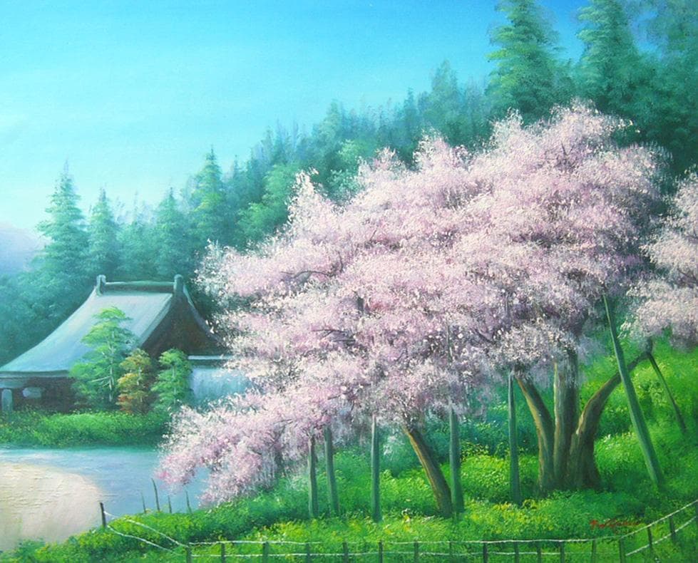 絵画 油絵 作者不詳 肉筆油絵 古木桜