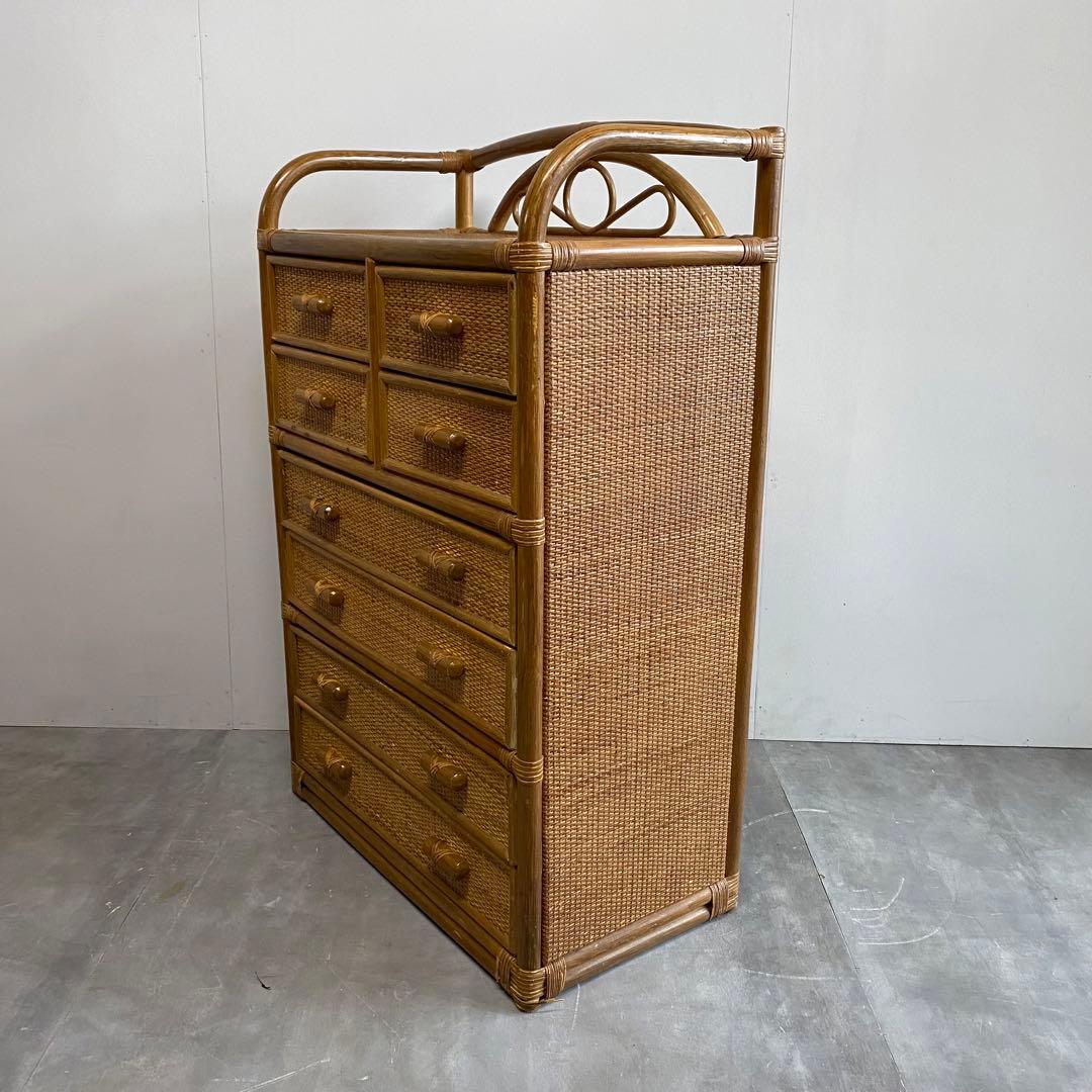 ヴィンテージ ラタン 籐 チェスト 棚 箪笥 6段 8杯 昭和レトロ 収納