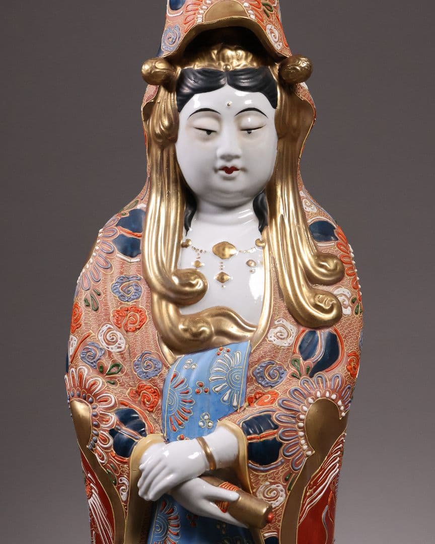 九谷焼 八幡窯 観音菩薩立像 59.4cm 金彩 色絵 置物 仏像【MA818】