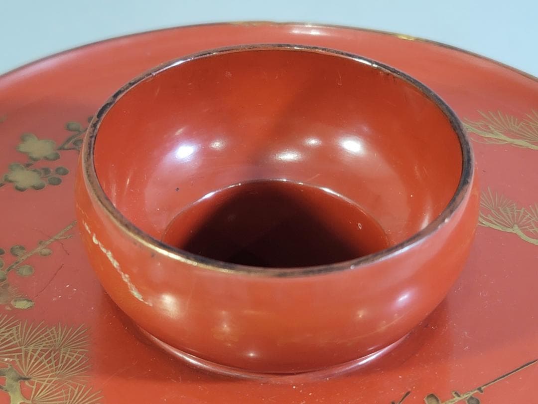 DT589 茶道具 朱塗 松竹梅蒔絵 天目台 時代物