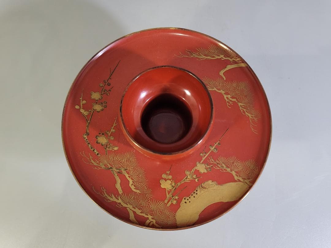 DT589 茶道具 朱塗 松竹梅蒔絵 天目台 時代物